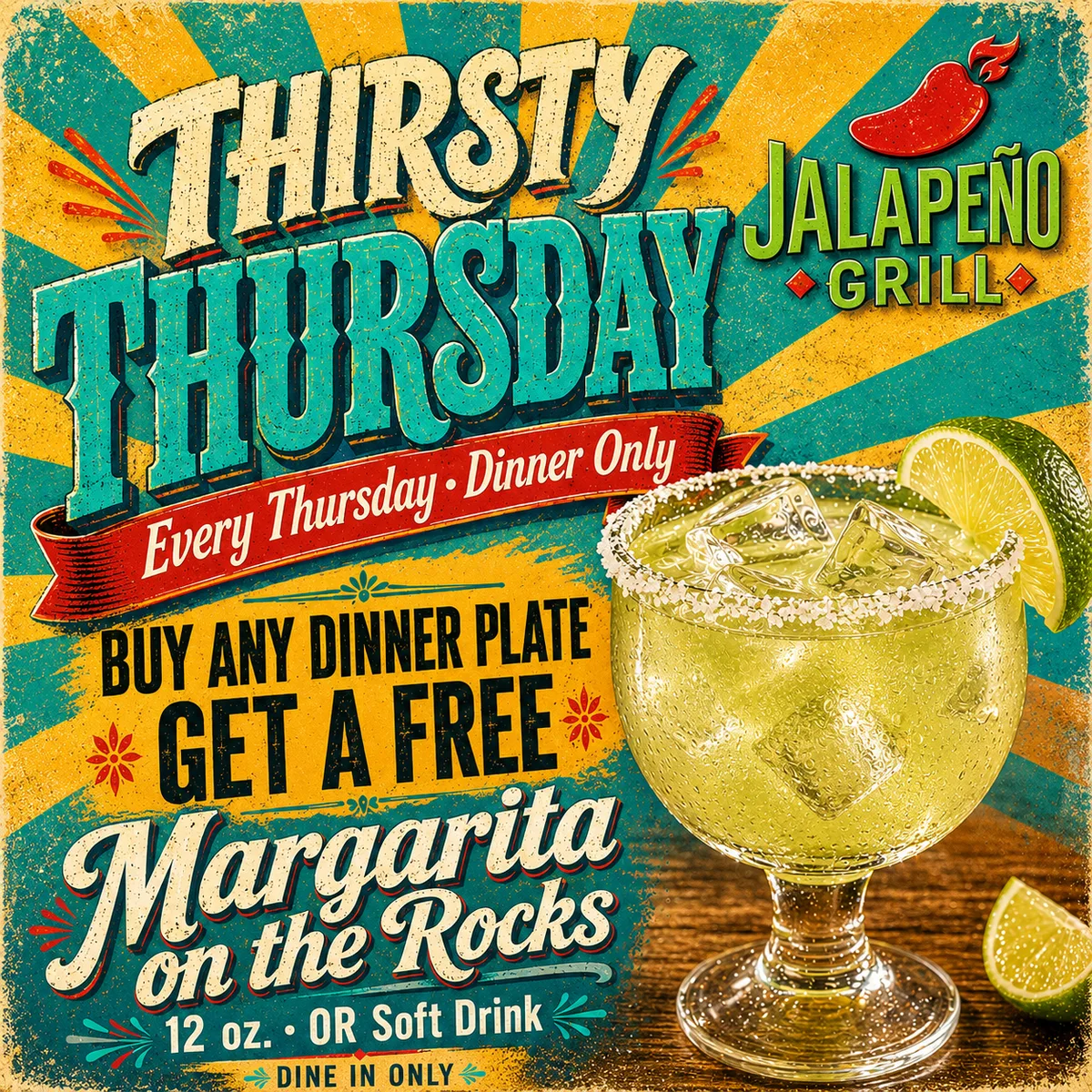 Thirsty Thursday — buy any dinner plate, get a free 12oz Margarita on the Rocks or soft drink, every Thursday, dinner only, dine in only.